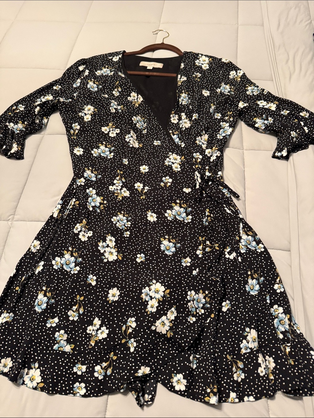 LOFT Black Floral Wrap Romper with Blue and White Blooms
